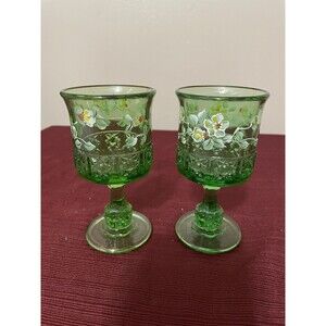 Two Vintage L G Wright Stars & Bars Handpainted Green Goblets